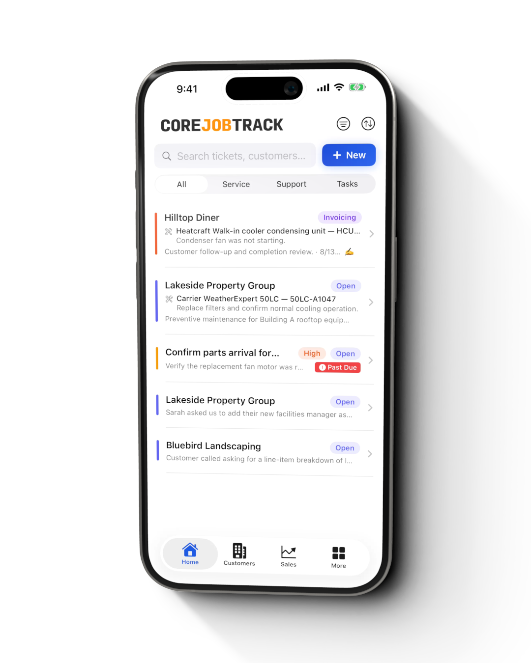 CoreJobTrack mobile dashboard showing active field work