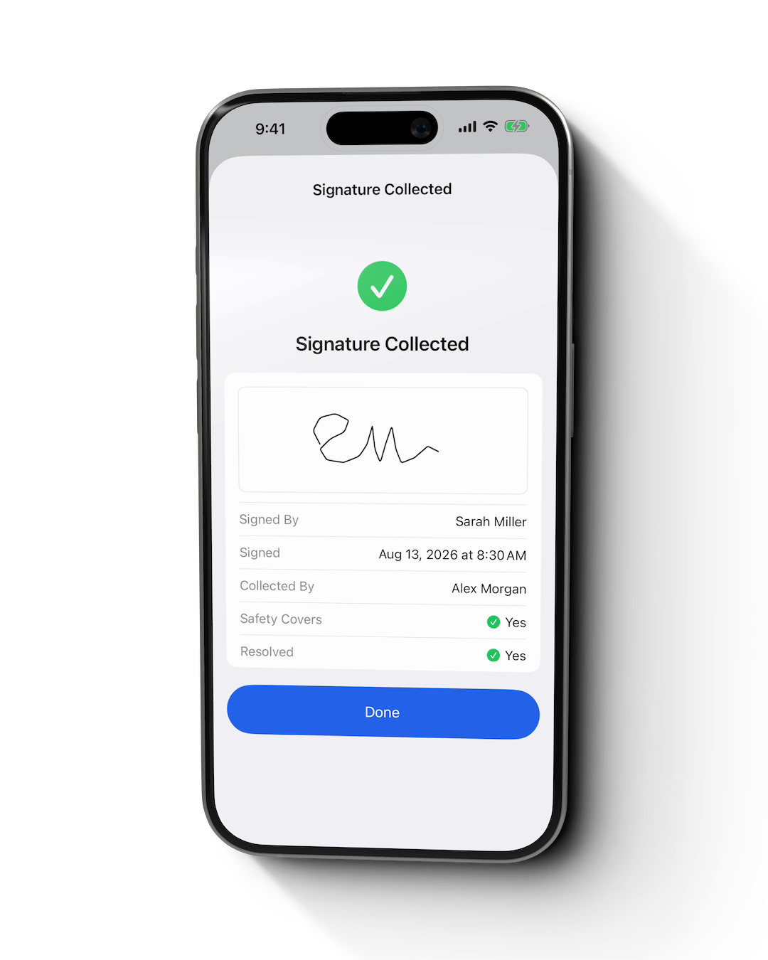 Completed customer signature receipt on the mobile app
